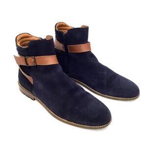 M. MOUSTACHE Men's Suede Formal Buckle Strap Bootie Navy Blue Leather Sz US 12